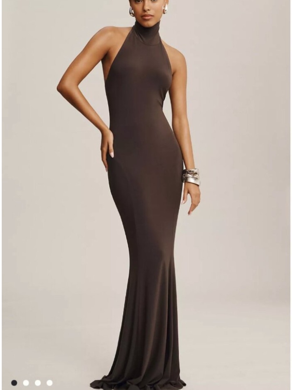 Norma Kamali Halter Turtleneck Fishtail Gown Maxi Formal Elegant Chocolate Sz L